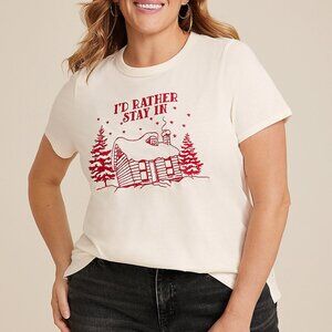 Maurices T-Shirt 3X Holiday Cabin Christmas Embroidered "I'd Rather Stay In" Tee